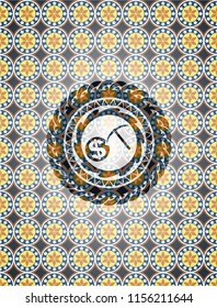 cryptocurrency mining icon inside arabic style emblem. Arabesque decoration.