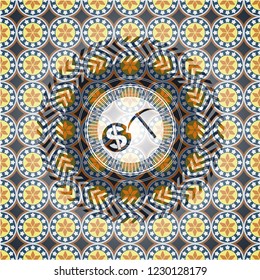 cryptocurrency mining icon inside arabic style badge. Arabesque decoration.