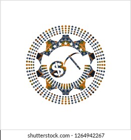 cryptocurrency mining icon inside arabic badge background. Arabesque decoration.