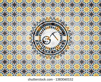 cryptocurrency mining icon inside arabic badge background. Arabesque decoration.