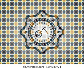 cryptocurrency mining icon inside arabic emblem background. Arabesque decoration.