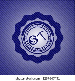 cryptocurrency mining icon inside badge with denim texture