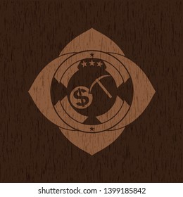 cryptocurrency mining icon inside badge with wood background