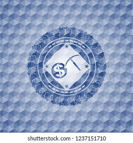 cryptocurrency mining icon inside blue polygonal emblem.