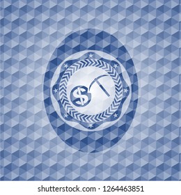 cryptocurrency mining icon inside blue polygonal badge.