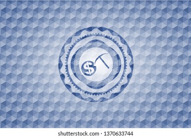 cryptocurrency mining icon inside blue emblem or badge with abstract geometric pattern background.