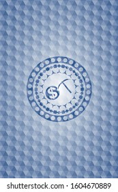 cryptocurrency mining icon inside blue emblem or badge with abstract geometric polygonal pattern background.