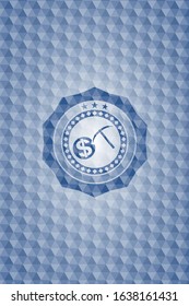 cryptocurrency mining icon inside blue badge with geometric pattern.