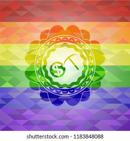 cryptocurrency mining icon inside emblem on mosaic background with the colors of the LGBT flag