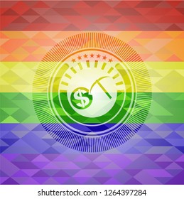 cryptocurrency mining icon inside emblem on mosaic background with the colors of the LGBT flag