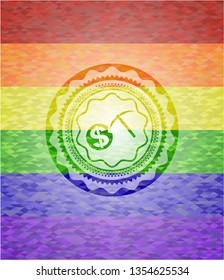 cryptocurrency mining icon inside emblem on mosaic background with the colors of the LGBT flag