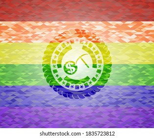 cryptocurrency mining icon inside emblem on mosaic background with the colors of the LGBT flag. 