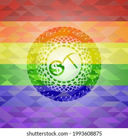 cryptocurrency mining icon inside emblem on mosaic background with the colors of the LGBT flag. 
