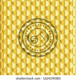 cryptocurrency mining icon inside golden emblem. Scales pattern. Vector Illustration. Detailed.