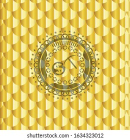 cryptocurrency mining icon inside golden badge. Scales pattern. Vector Illustration. Detailed.
