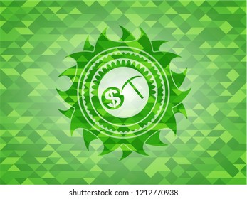 cryptocurrency mining icon inside green emblem. Mosaic background
