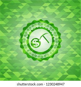cryptocurrency mining icon inside green emblem with mosaic ecological style background