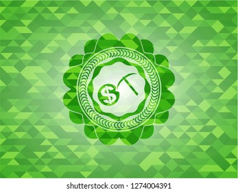 cryptocurrency mining icon inside green emblem with triangle mosaic background