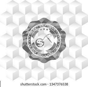 cryptocurrency mining icon inside grey badge with geometric cube white background