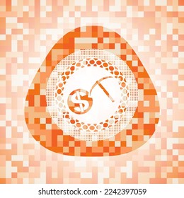 cryptocurrency mining icon inside orange tile background illustration. Square geometric mosaic seamless pattern with emblem inside. 
