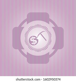 cryptocurrency mining icon inside pink emblem. Retro