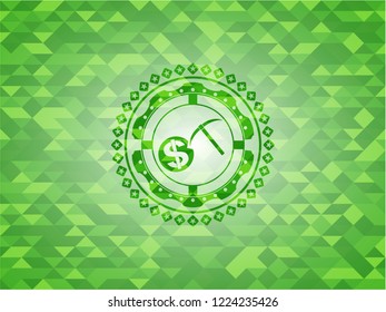cryptocurrency mining icon inside realistic green emblem. Mosaic background