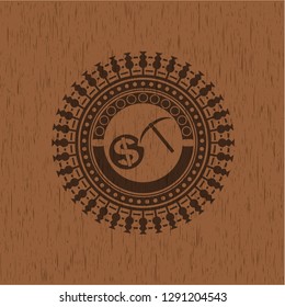 cryptocurrency mining icon inside realistic wooden emblem