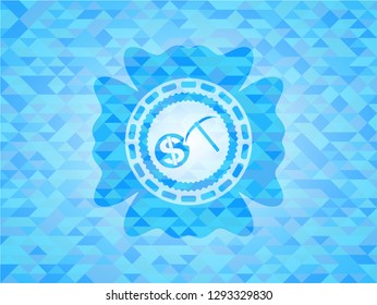 cryptocurrency mining icon inside realistic light blue emblem. Mosaic background