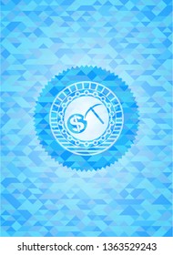 cryptocurrency mining icon inside realistic sky blue emblem. Mosaic background