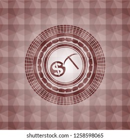 cryptocurrency mining icon inside red seamless emblem with geometric pattern.