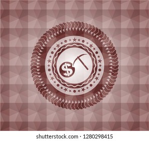 cryptocurrency mining icon inside red seamless badge with geometric pattern.