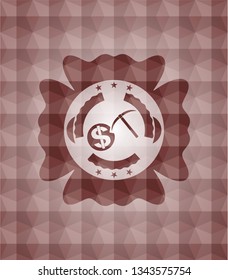 cryptocurrency mining icon inside red emblem or badge with geometric pattern background. Seamless.