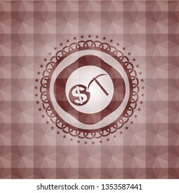 cryptocurrency mining icon inside red emblem with geometric background. Seamless.