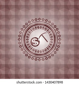 cryptocurrency mining icon inside red emblem with geometric pattern background. Seamless.