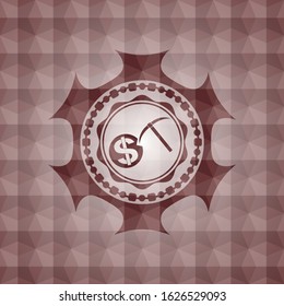cryptocurrency mining icon inside red seamless emblem or badge with abstract geometric polygonal pattern background.