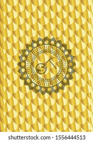 cryptocurrency mining icon inside shiny golden badge. Scales pattern. Vector Illustration. Detailed.