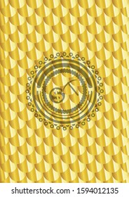 cryptocurrency mining icon inside shiny golden badge. Scales pattern. Vector Illustration. Detailed.