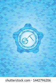 cryptocurrency mining icon inside sky blue emblem. Mosaic background