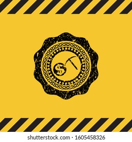 cryptocurrency mining icon inside warning sign, black grunge emblem. Vector Illustration. Detailed.