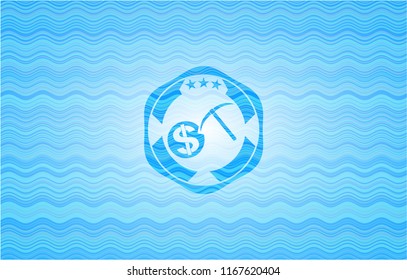 cryptocurrency mining icon inside water wave emblem.
