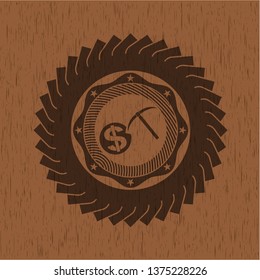cryptocurrency mining icon inside wood badge or emblem
