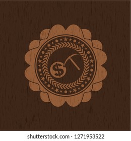 cryptocurrency mining icon inside wooden emblem. Retro