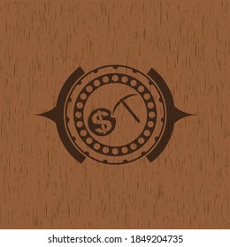 icono de minería de criptodivisa dentro del emblema de madera. Retro. 