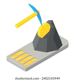 Cryptocurrency mining icon isometric vector. Pickaxe mines coin in mountain icon. Financial technology, e business