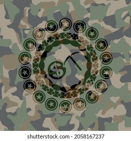 cryptocurrency mining icon on camo texture. 