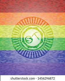 cryptocurrency mining icon on mosaic background with the colors of the LGBT flag
