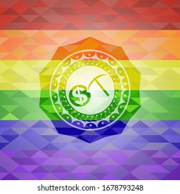 icono de minería de criptomoneda en fondo de mosaico con los colores de la bandera LGBT