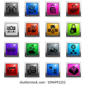 Cryptocurrency and mining icons in square colored buttons