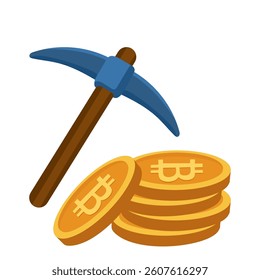 Cryptocurrency mining illustration with pickaxe and bitcoin coins illustrating blockchain validation, digital asset generation, crypto rewards, decentralized finance systems, and fintech technology
