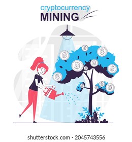 Concepto de dibujos animados aislados de minería de criptografía. Mujer regando el árbol de dinero con bitcoins, escena de la gente en diseño plano. Ilustración vectorial para blogs, sitio web, aplicación móvil, materiales promocionales.